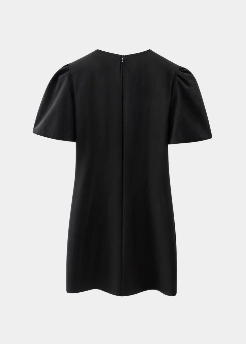 "Black mini dress with puff sleeves and bow accents, perfect for special occasions."