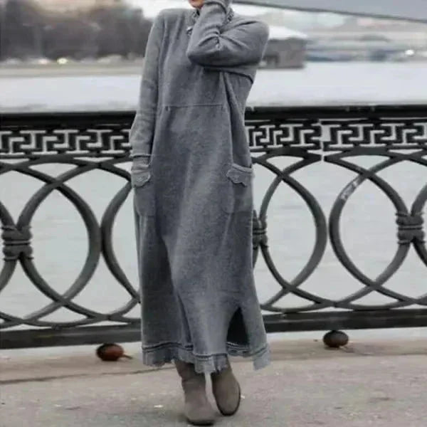 Gray ankle-length winter attire made of soft knit fabric with a cozy design by Quincy.