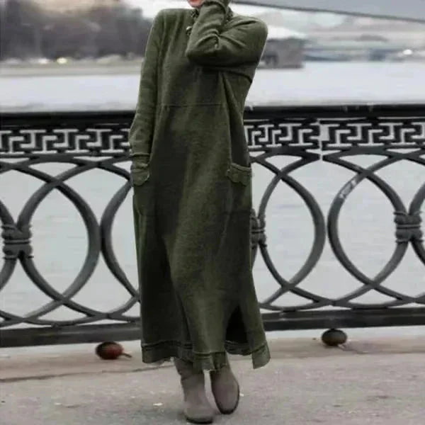 Ankle-length winter attire in green with cozy knit fabric, perfect for staying warm and stylish in cold weather.