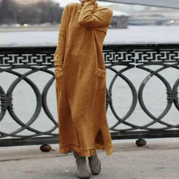 Orange ankle-length winter attire in soft knit fabric with ribbed cuffs and cozy design by Quincy.