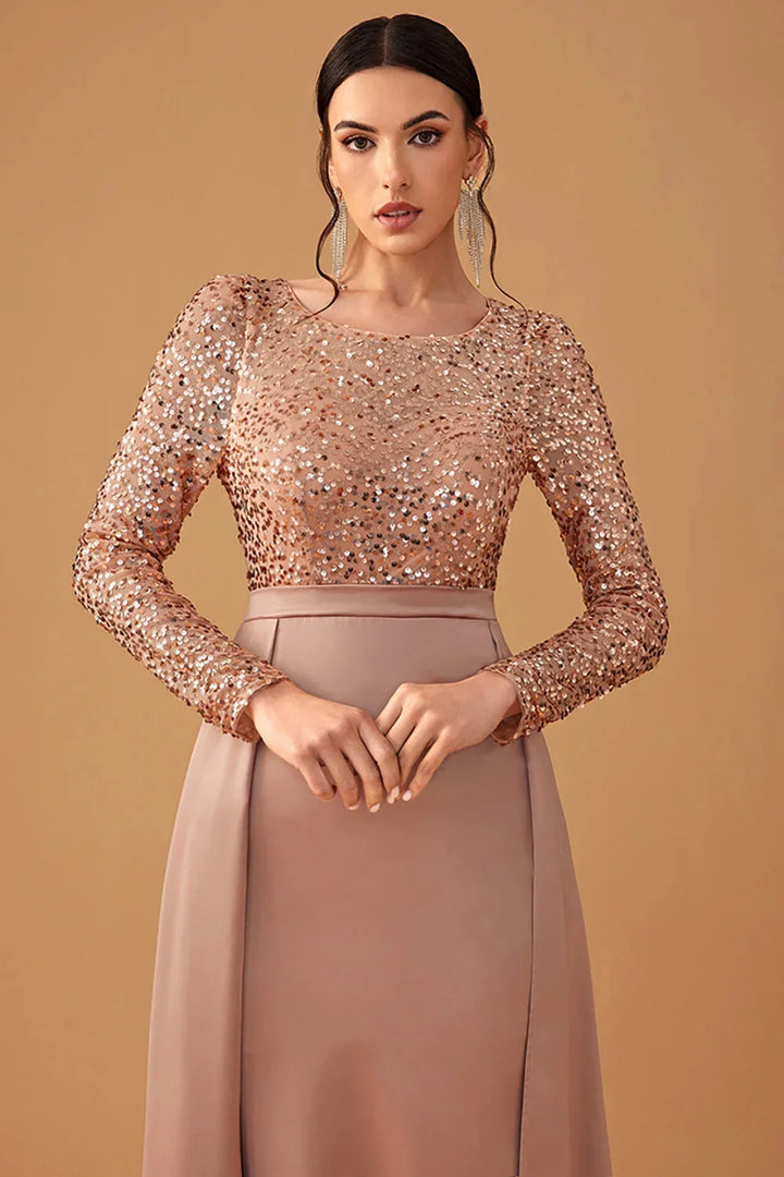 Sequined bodice evening dress with flowing skirt, perfect for any formal event.