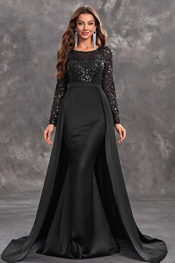 "Sequined bodice evening dress with flowing skirt in navy blue, perfect for special occasions."