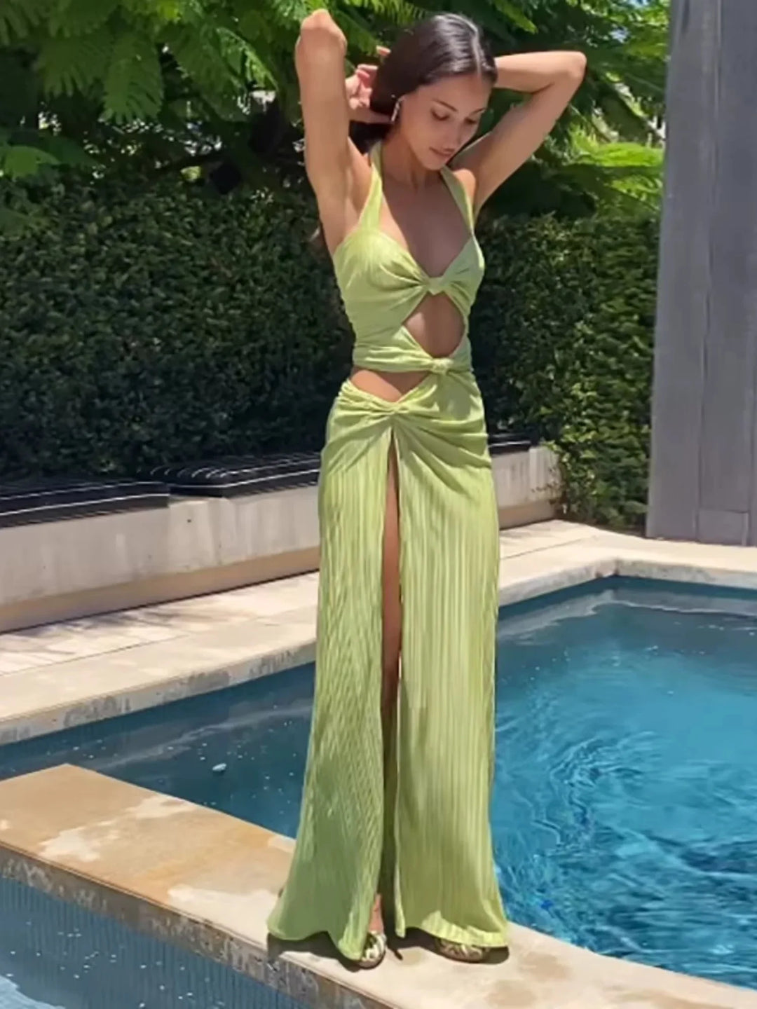 "Lime green maxi dress with slit, perfect for summer days. Flowy fabric with a flattering silhouette, ideal for casual or…