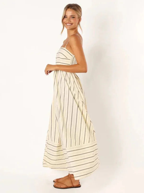 "Rylynn striped maxi sundress with thin straps, airy fabric, perfect for summer outings"