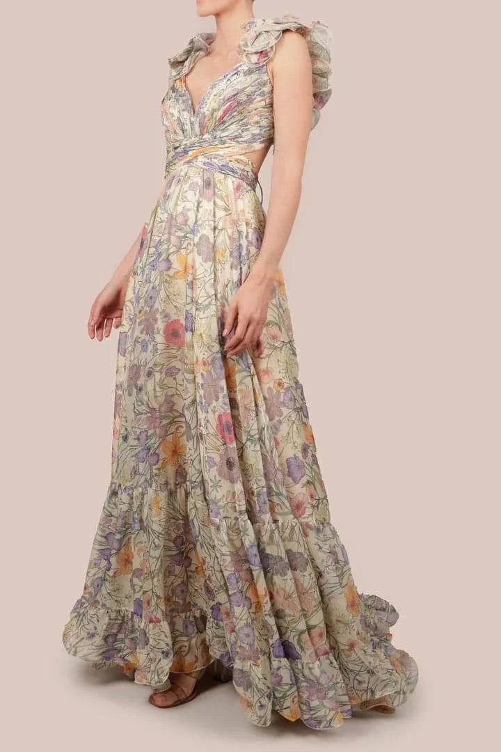 "Multicolor floral maxi dress with ruffled sleeves, perfect for a summer day out, featuring a lightweight and breezy fabric."