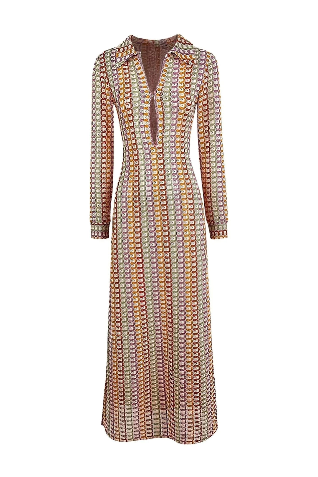 Multicolor maxi dress with long sleeves, striking pattern, and flowing silhouette, perfect for a boho-chic or casual look.