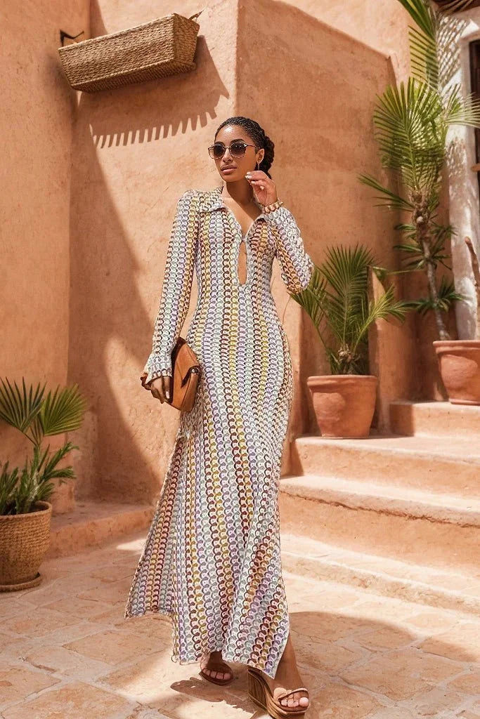 "Multicolored maxi dress featuring unique long sleeves, perfect for everyday wear or special occasions, made of soft and…