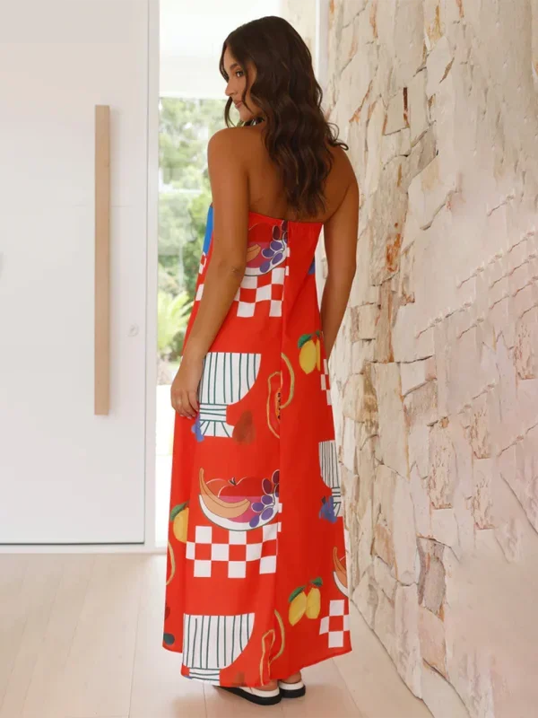 Strapless maxi dress with vibrant prints. Flowing silhouette, lightweight fabric perfect for summer.