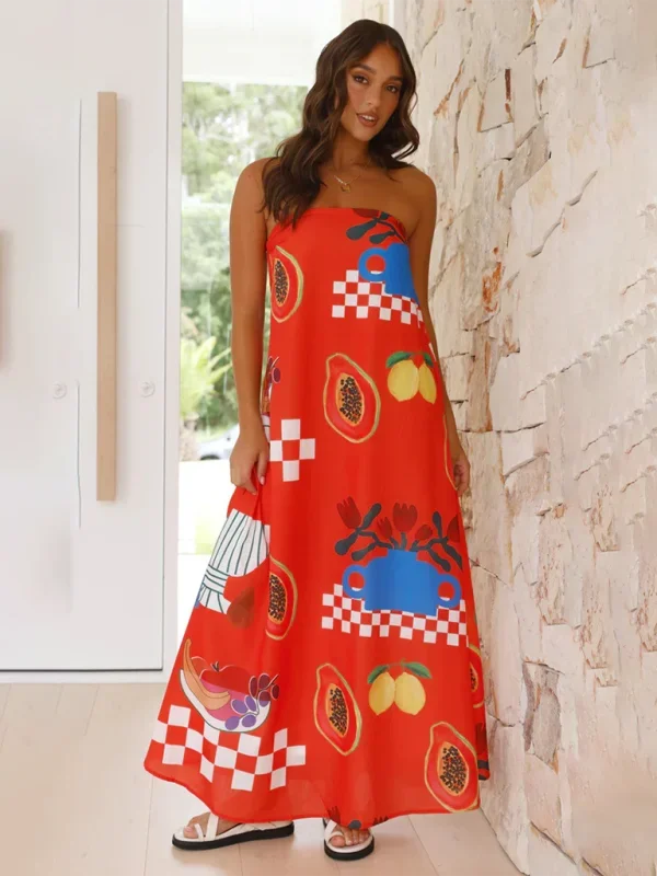 Strapless maxi dress with vibrant prints in flowing design, perfect for any occasion.