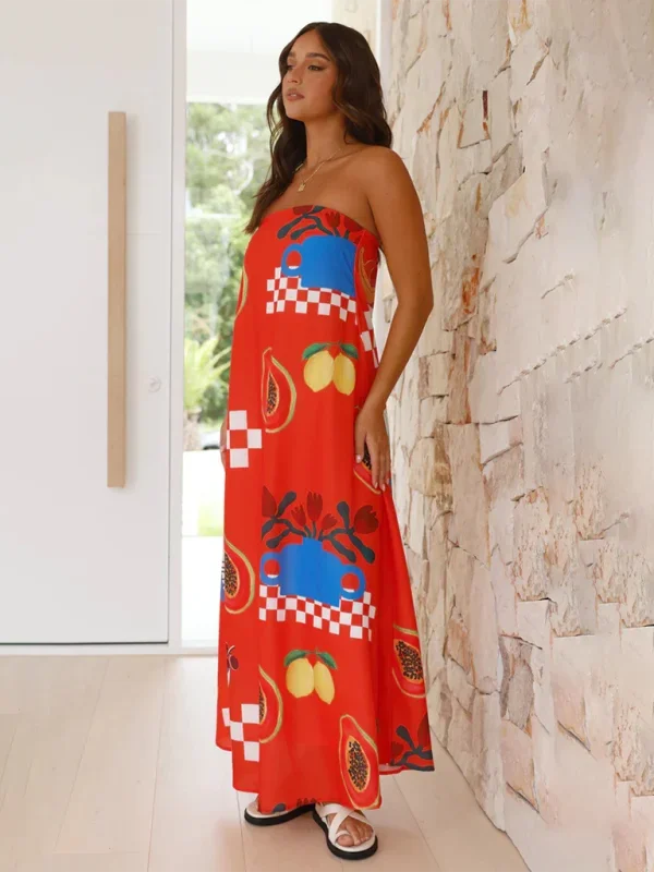 Scottlyn strapless maxi dress with colorful prints, featuring a flowing design perfect for summer days.