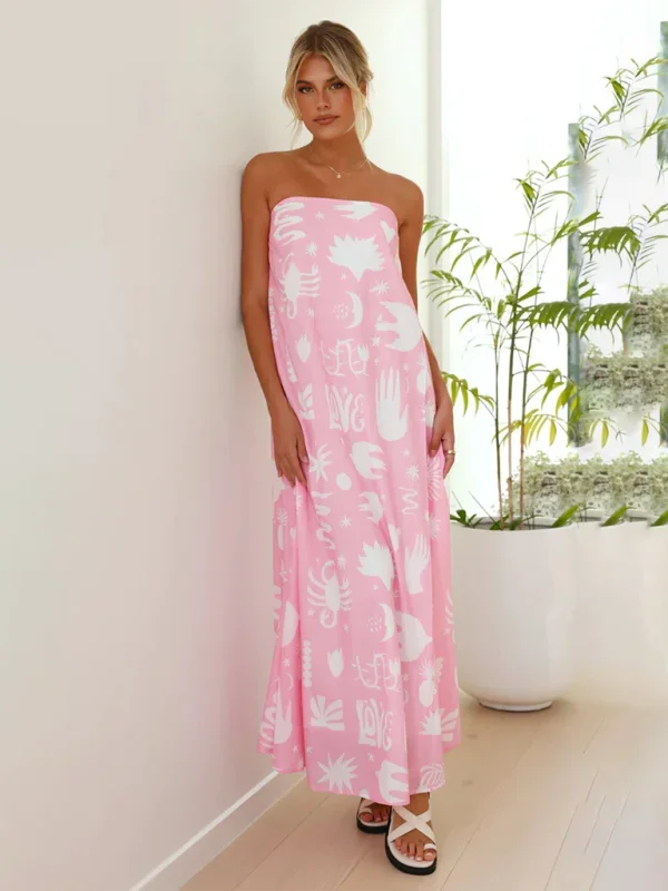 Strapless maxi dress featuring vibrant prints in flowy chiffon fabric for a boho-chic look perfect for summer days.