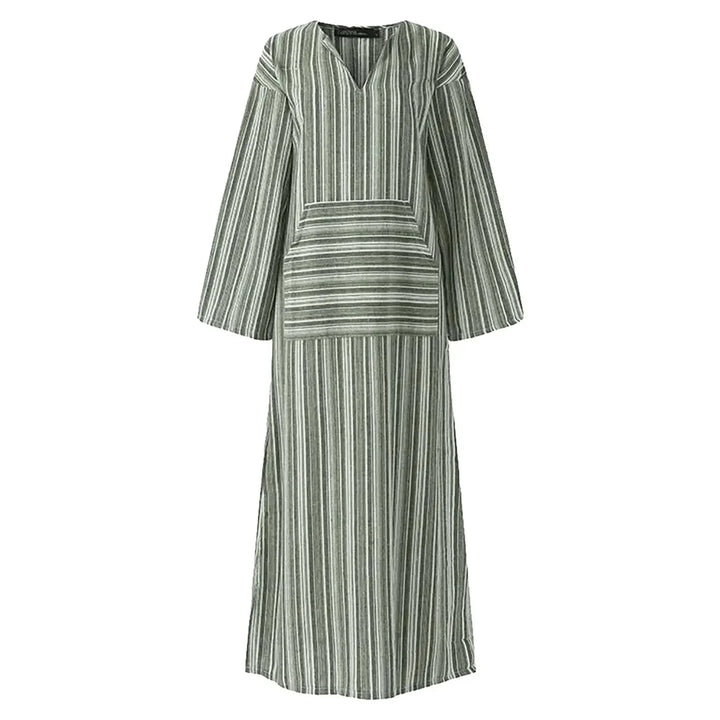 Sierra Striped V-neck maxi dress with pockets, made of soft cotton, featuring a colorful striped pattern and convenient…