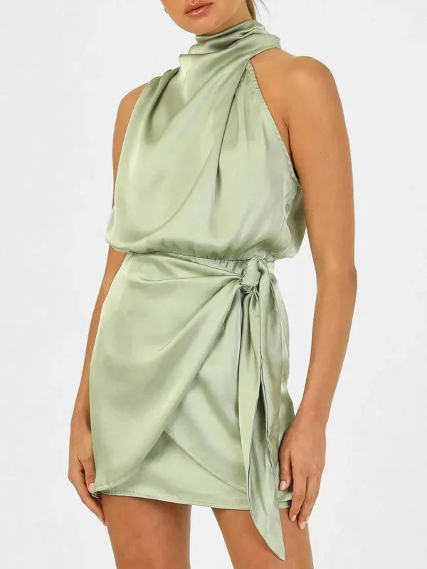 "Sumayya mini dress featuring a sophisticated cowl neck design in a sleek and trendy fabric."