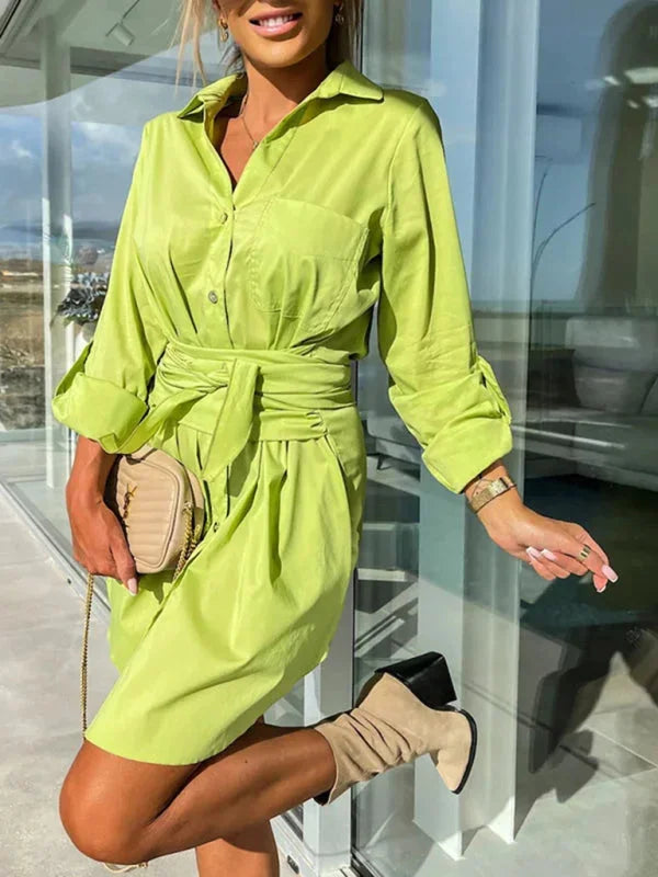 "Tamara shirt dress in soft cotton blend with adjustable sleeves and belted waist, versatile and stylish for everyday wear."