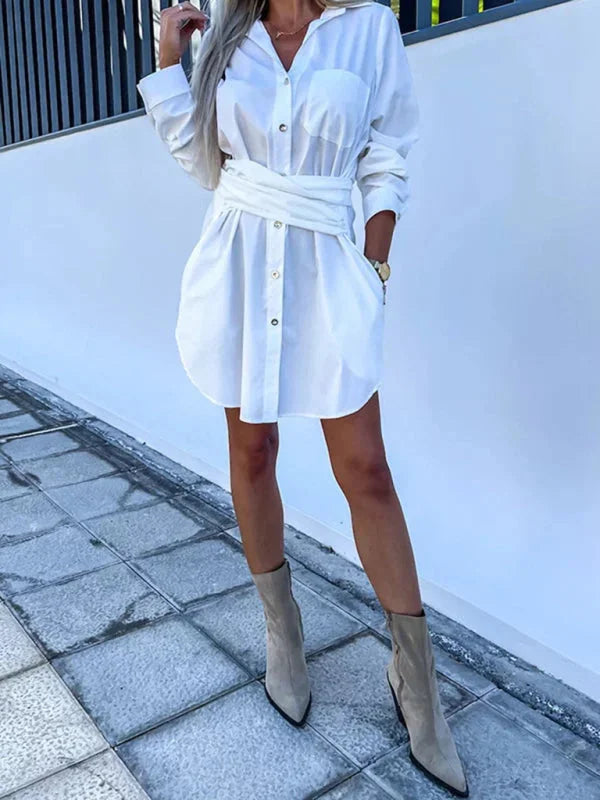 "Tamara shirt dress in linen blend with belted waist and adjustable sleeves, versatile and functional design for effortless…