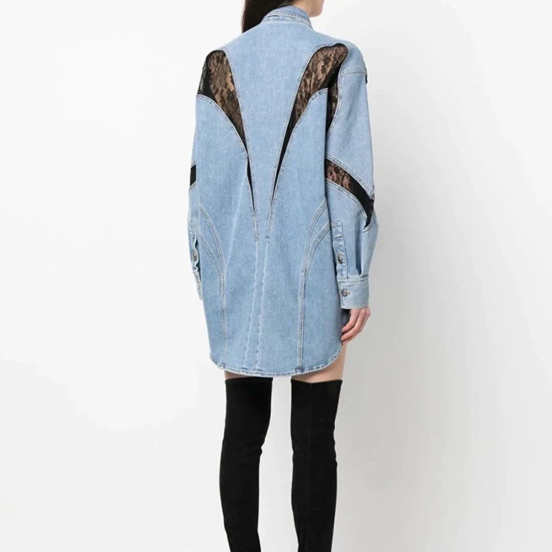 Blue zip-accented oversized denim dress with a relaxed fit and trendy design for a chic and casual look.