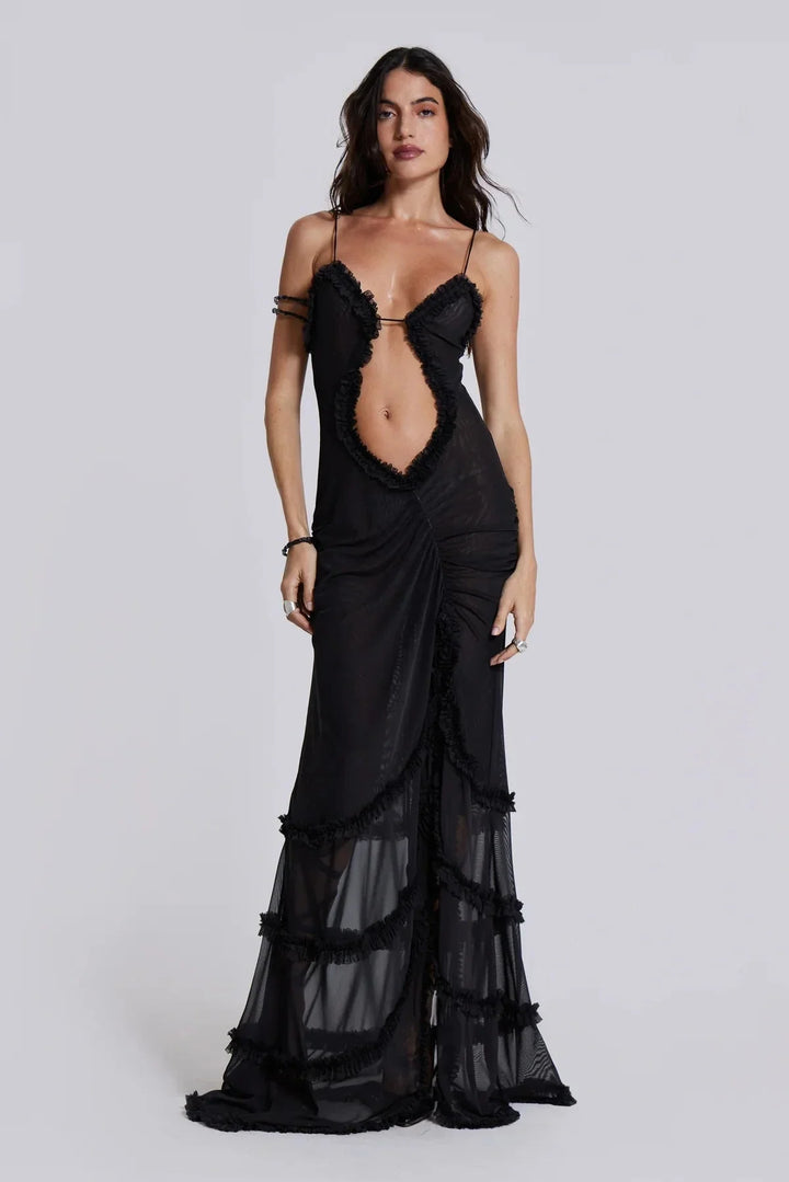 Black draped trim maxi dress with a deep V-neck design named Viktoria. Made from soft, flowing fabric for effortless…