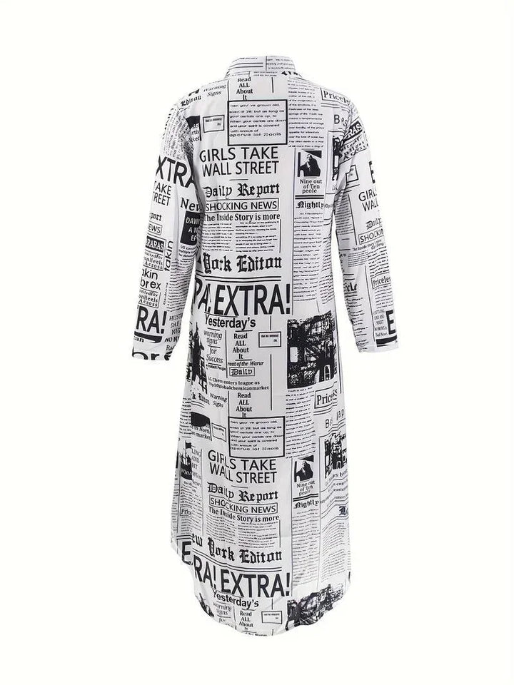 Button-front newsprint dress with high-slit in lightweight linen/cotton blend. Perfect for casual outings or a day at the…