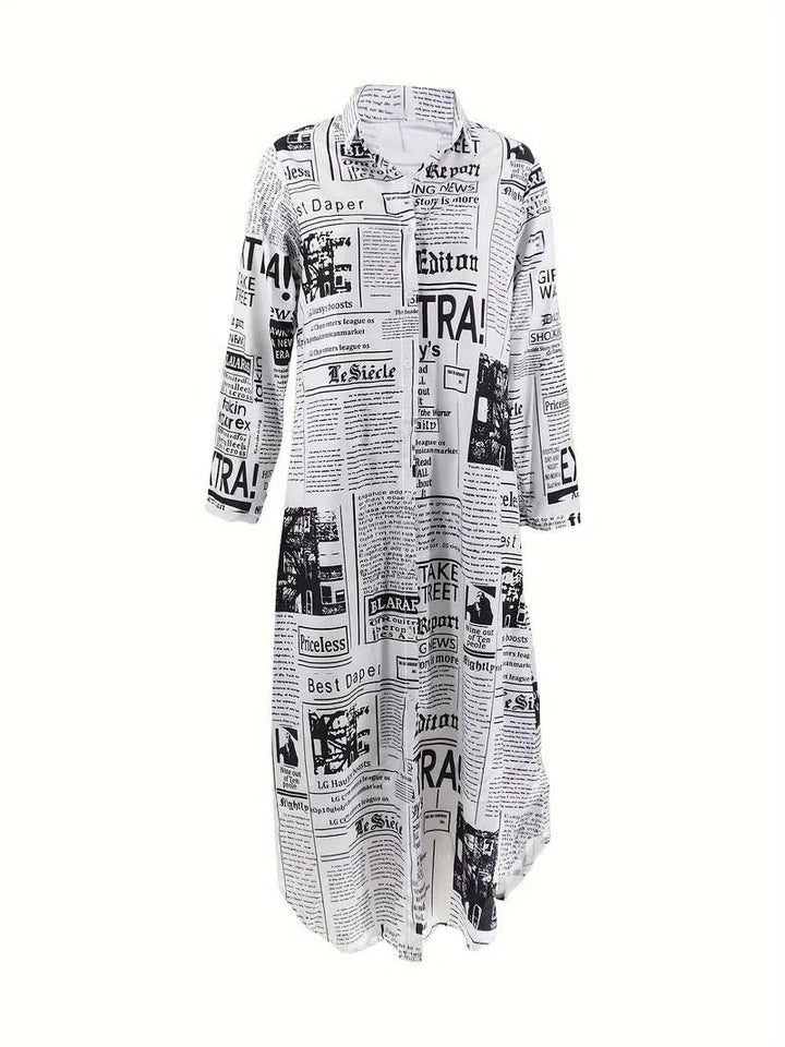 "Newsprint design button-front dress with high-slit, perfect for casual or formal occasions."