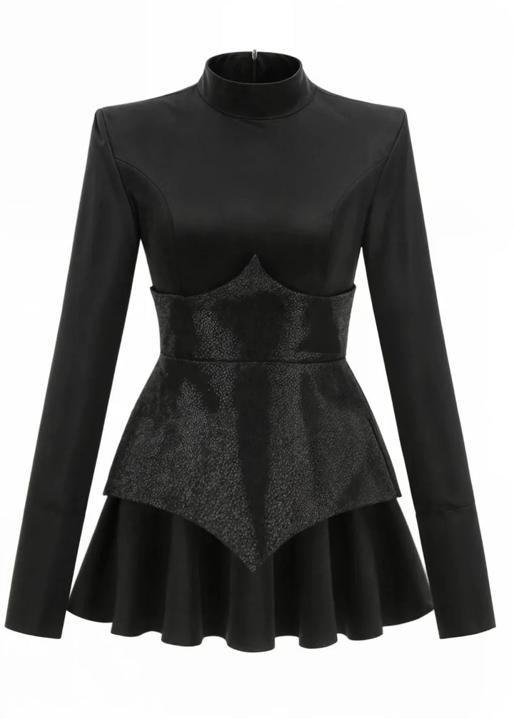 "Black mini dress featuring sequin bodice and peplum design, perfect for a stylish night out."