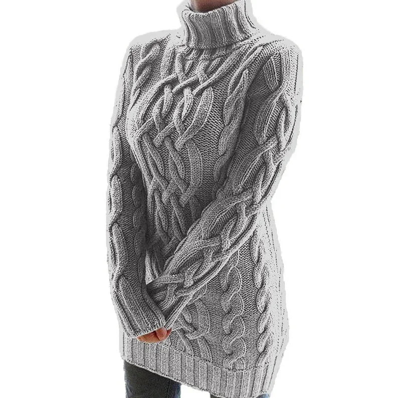 Turtleneck dress in cable knit design, perfect for winter, made with soft and cozy material.