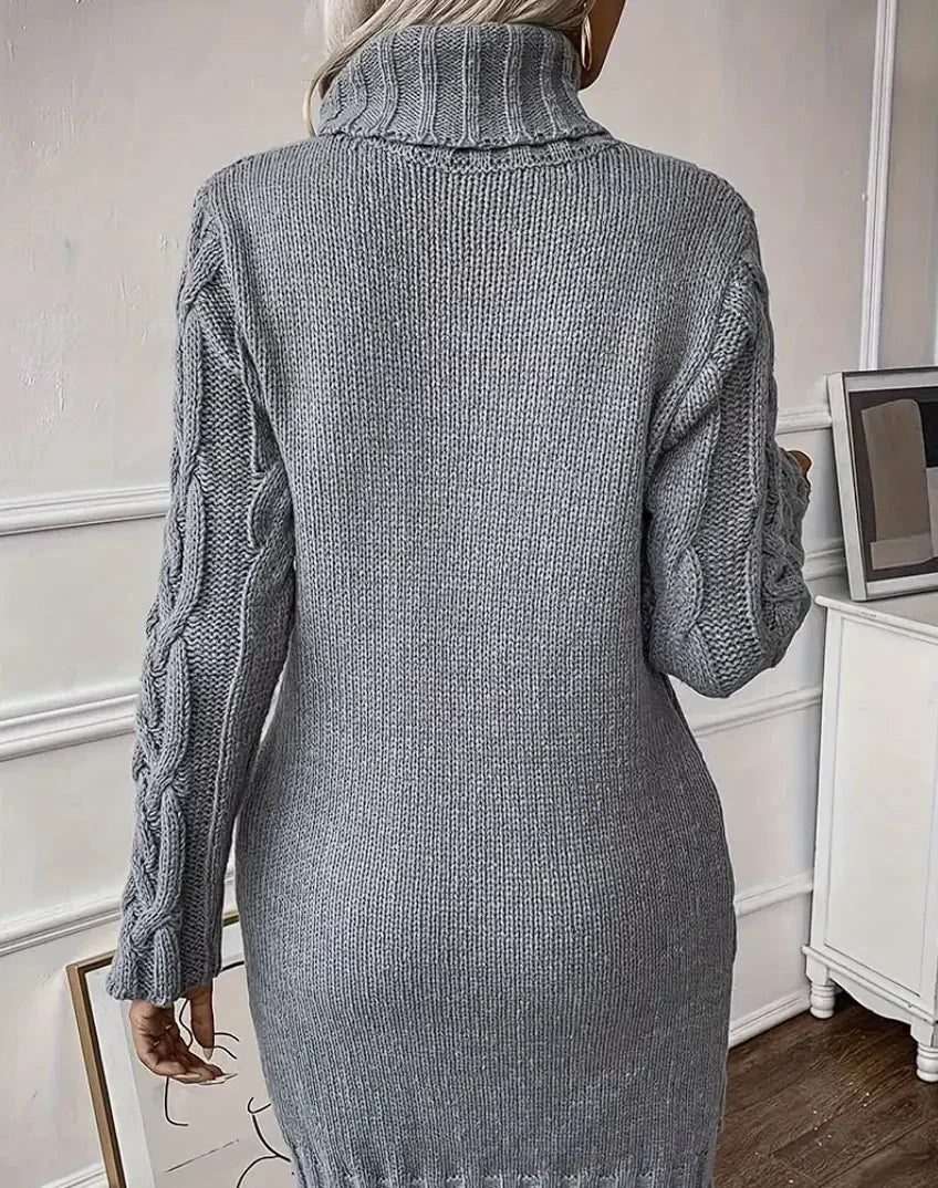 Turtleneck dress in gray with cable knit detail, made of soft cotton blend - Xitlaly.