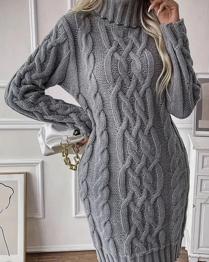 "Gray turtleneck dress with cable knit design, perfect for staying cozy in cold weather."