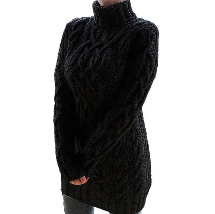 Black turtleneck dress with cable knit detailing, cozy and chic.