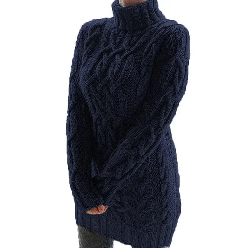 Dark blue turtleneck dress with intricate cable knit detailing, perfect for a cozy and stylish winter look.