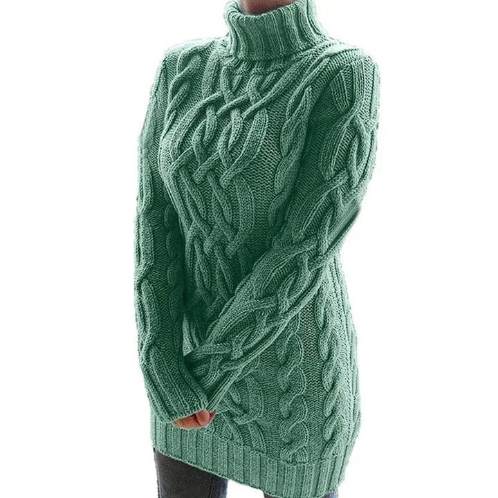 "Green turtleneck dress with cable knit design, perfect for chilly days. Made with cozy and stretchy fabric for maximum…