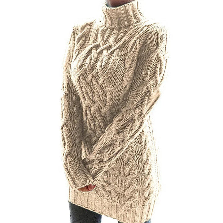 Khaki turtleneck dress with cable knit texture, perfect for a cozy and chic look during colder seasons.