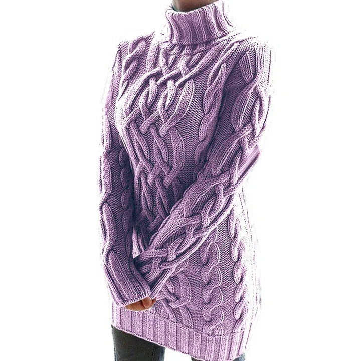 Purple turtleneck dress with cable knit detailing, perfect for chilly days.